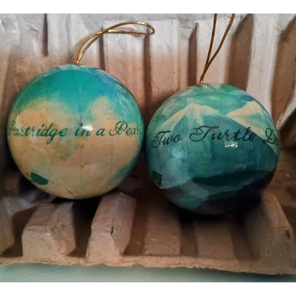 VTG The Twelve Days of Christmas Decoupage Paper Mache Ball Ornament Set & Box